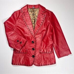 Red Women's Leather Jacket with Black Trim